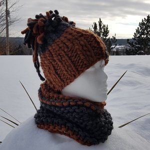 Knitted Hat and Scarf, wool made knitted winter set, cinamon-gray